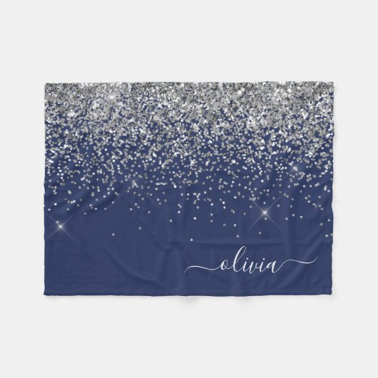 Silver Navy Blue Glitter Girly Monogram Naam Fleece Deken (Voorkant (Horizontaal))