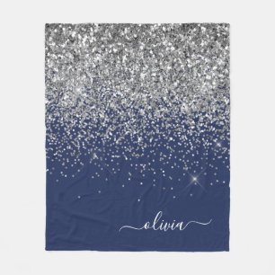 Silver Navy Blue Glitter Girly Monogram Naam Fleece Deken
