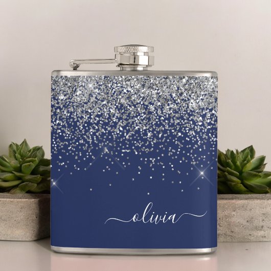 Silver Navy Blue Glitter Girly Monogram Naam Heupfles