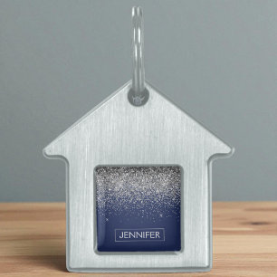 Silver Navy Blue Glitter Girly Monogram Naam Huisdieren Naamplaatje