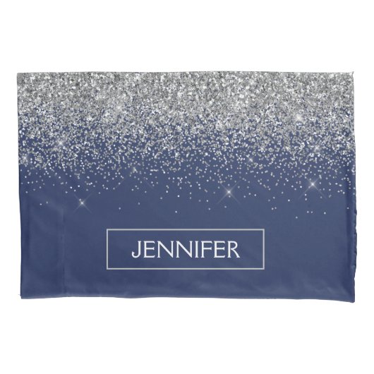 Silver Navy Blue Glitter Girly Monogram Naam Kussensloop (Voorkant)