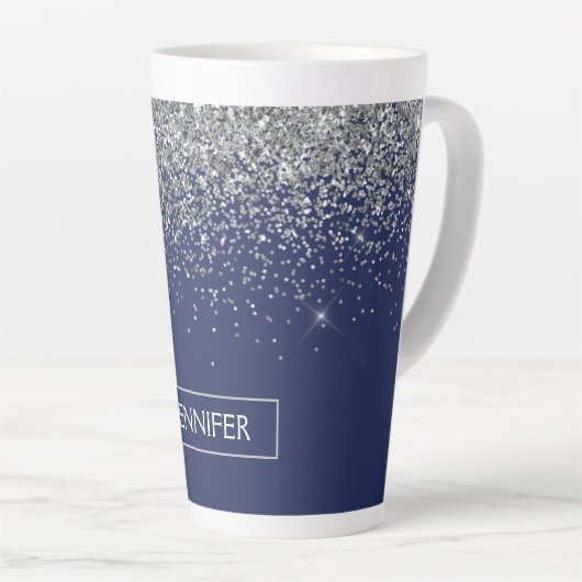 Silver Navy Blue Glitter Girly Monogram Naam Latte Mok (Rechterhoek)