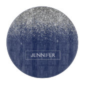 Silver Navy Blue Glitter Girly Monogram Naam Snijplank (Voorkant)