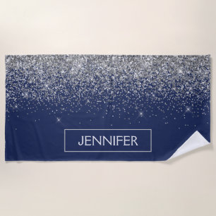 Silver Navy Blue Glitter Girly Monogram Naam Strandlaken
