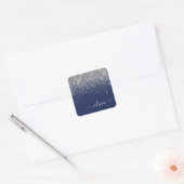 Silver Navy Blue Glitter Girly Monogram Naam Vierkante Sticker (Envelop)