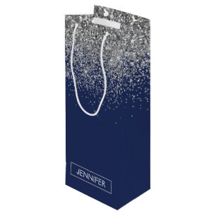 Silver Navy Blue Glitter Girly Monogram Naam Wijn Cadeautas