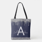Silver Navy Blue Glitter Spakle Elegant Monogram Draagtas (Achterkant)