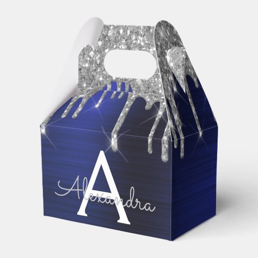 Silver Navy Blue Glitter Sparkle Monogram Naam Bedankdoosjes (Voorkant Zijde)