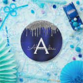 Silver Navy Blue Glitter Sparkle Monogram Naam Papieren Bordje (Feest)