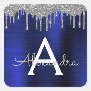 Silver Navy Blue Glitter Sparkle Monogram Naam Vierkante Sticker