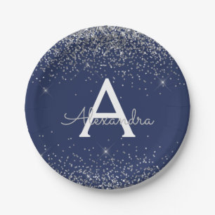 Silver Navy Blue Glitter Sparkle Monogram Verjaard Papieren Bordje