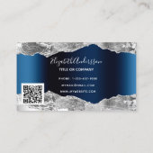 Silver navy blue metal agate marble QR code Visitekaartje (Achterkant)
