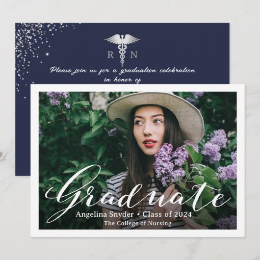 Silver Navy Blue Nursing School Afstuderen Foto Kaart (Voorkant / Achterkant)