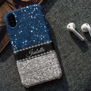 Silver Navy BLue Sparkle Glam Bling Personalized iPhone 8 Plus / 7 Plus Hoesje