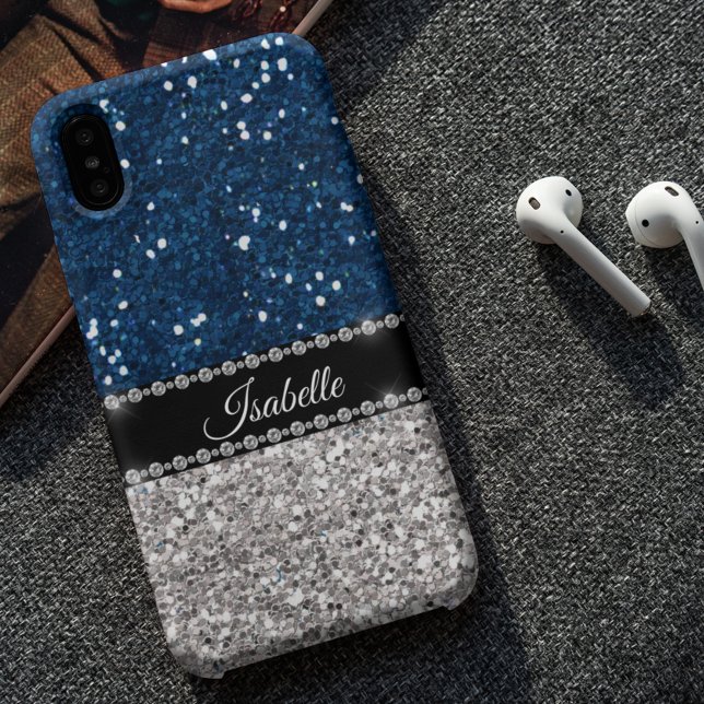 Silver Navy BLue Sparkle Glam Bling Personalized Case-Mate iPhone Hoesje