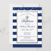 Silver Navy Blue Stripes Baptism Christening Boy Kaart (Voorkant)