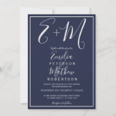 Silver navy blue typografie initialen bruiloft kaart (Voorkant)