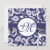 Silver Navy Damask Swirls Wedding Invitation Kaart (Voorkant)