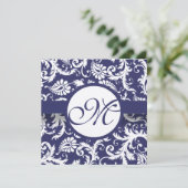 Silver Navy Damask Swirls Wedding Invitation Kaart (Staand voorkant)