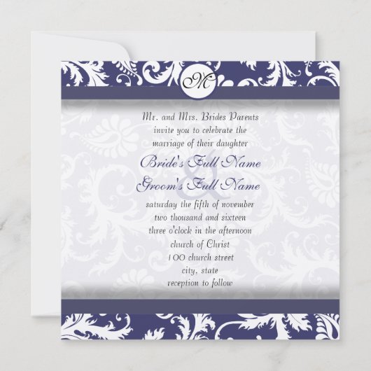 Silver Navy Damask Swirls Wedding Invitation Kaart (Achterkant)