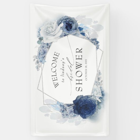 Silver Navy en Dusty Blue Floral Vrijgezellenfeest Spandoek (Verticaal)