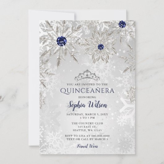 Silver Navy Snowflakes Tiara Quinceañera Kaart (Voorkant)