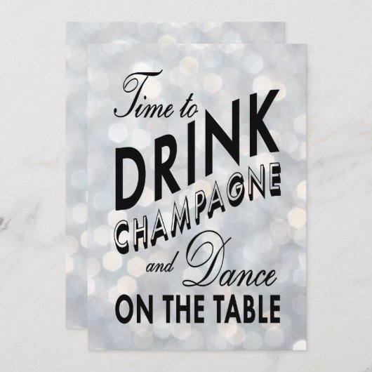 Silver New Year's Time to Drink Champagne Invite Kaart (Voorkant / Achterkant)
