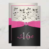 Silver noir rose Ribbon Sweet 16 Invitations (Devant / Derrière)