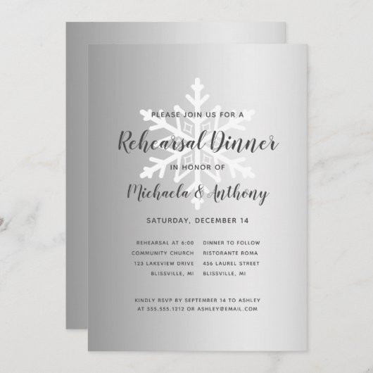 Silver Ombre Snowflake Winter Rehearsal Dinner Kaart (Voorkant / Achterkant)