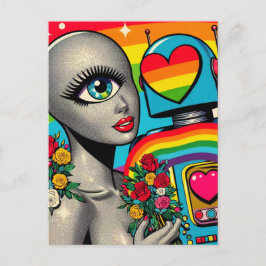 Silver One Eyed Alien verliefd op een robot Briefkaart