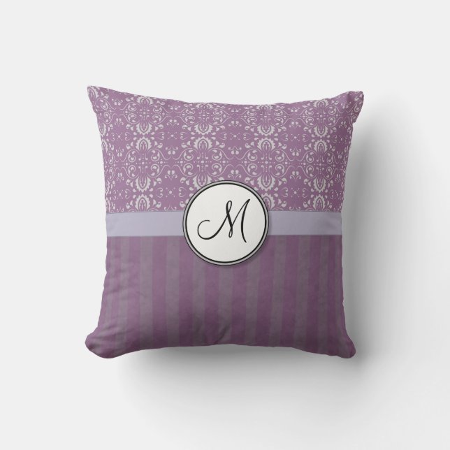 Silver op Lavender Damask met Stripes & Monogram Kussen (Voorkant)
