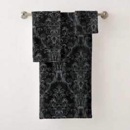 Silver Outline Black Floral Damask Bad Handdoek