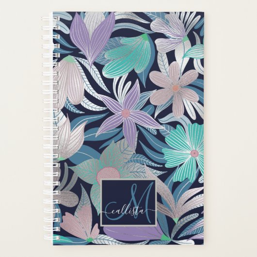 Silver Paars Blue Floral Leaves Monogram Planner (Voorkant)