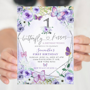 Silver Paarse Butterfly Kisses Girl First Birthday Kaart