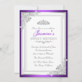 Silver Paarse Damask & Tiara Sweet 16 Uitnodiging (Voorkant)