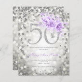 Silver Paarse Floral 50th Birthday Lights Invite (Voorkant / Achterkant)