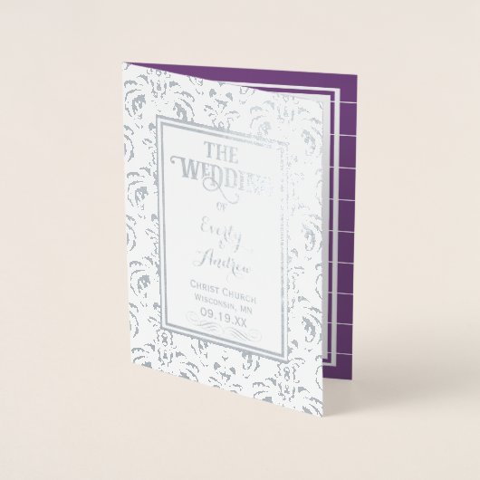 Silver Paarse Folie  Damask WEDDING PROGRAMMA (Voorkant)