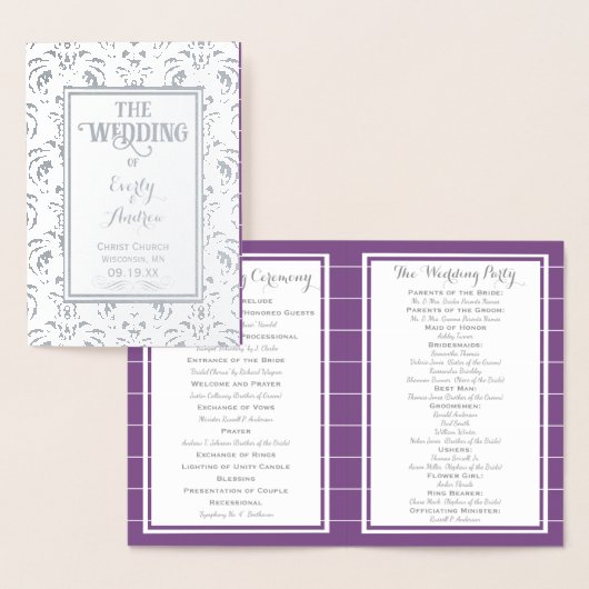 Silver Paarse Folie  Damask WEDDING PROGRAMMA (Display)