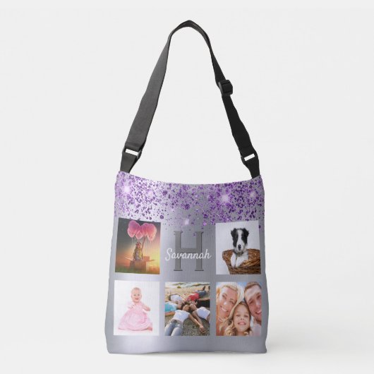 Silver paarse glitter foto collage crossbody tas (Voorkant)