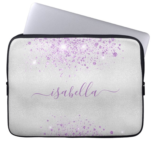 Silver paarse glitter-naamscript laptop sleeve (Voorkant)