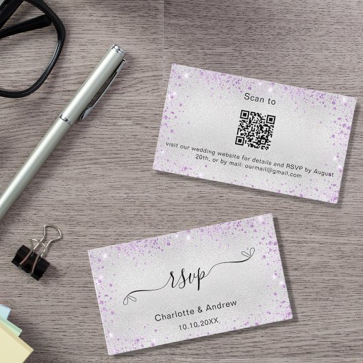 Silver paarse glitter trouwwebsite RSVP QR-code Informatiekaartje