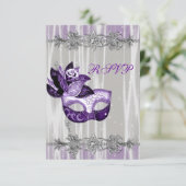 Silver Paarse Sparkle Paarse Masquerade Party RSVP Kaartje (Staand voorkant)