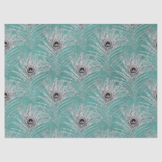 Silver Peacock-veren op Blauwgroen ontkoppeling Tissuepapier (Voorkant)