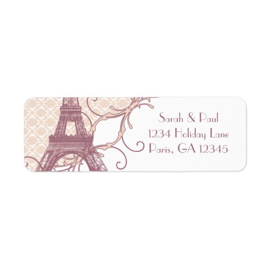 Silver Peony Damask Mauve  Eiffel Tower Etiket (Voorkant)