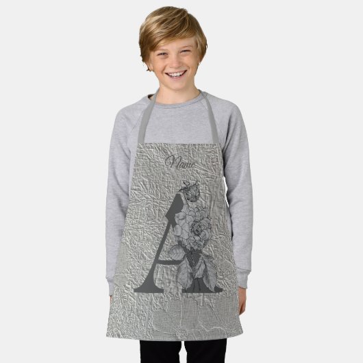 Silver Peony Elegant Monogram Initiaal A Naam Apro Schort (Gedragen)