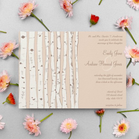 Silver Peony Russet Birch Tree Wedding Invitations Kaart