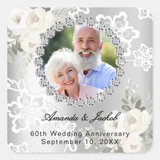 Silver photo 60th diamond wedding anniversary vierkante sticker (Voorkant)