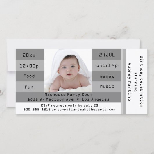 Silver Photo Admission Ticket Birthday Invitation (Voorkant)