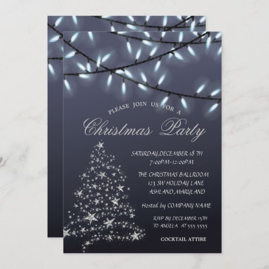 Silver PineTree, String Lights kerstparty Kaart (Voorkant / Achterkant)