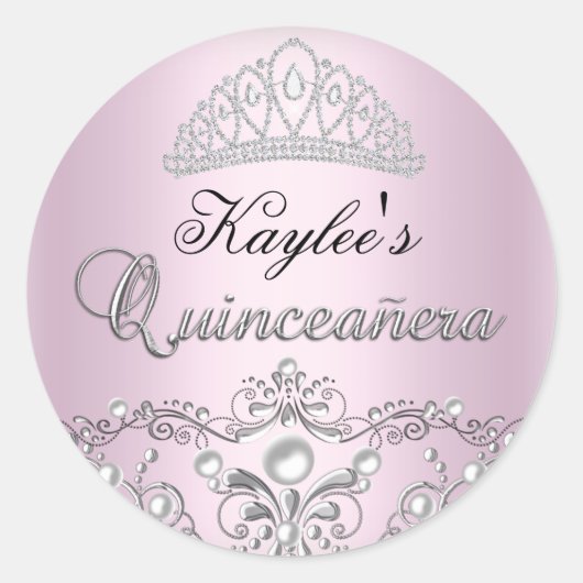 Silver & Pink Damask Pearl Quinceanera Sticker (Voorkant)